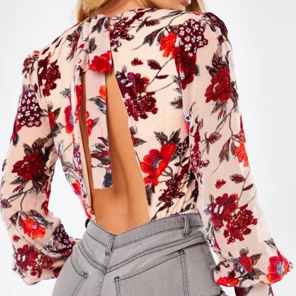 MEGGAN GRUBB NUDE FLORAL DEVORÉ WRAP FRONT TIE BACK BODYSUIT Size 6 - Picture 3 of 8